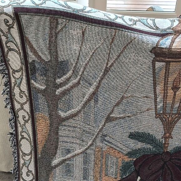 Vintage Christmas Cardinal Winter Village Scene Woven Tapestry Throw Blanket - Picture 5 of 11
